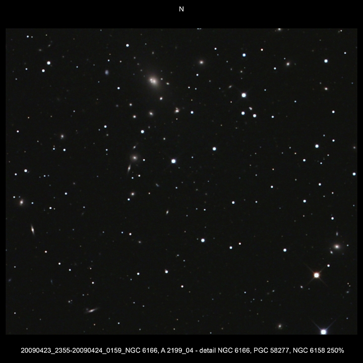 20090423_2355-20090424_0159_NGC 6166, A 2199_04 - detail NGC 6166, PGC 58277, NGC 6158 250pc.JPG -  Her Newton d 309,5 / af 1623 & Coma Corrector CANON-EOS5D (AFC-Filter) 1000 ASA no add. filter 4 light-frames 420s, 3 light-frames 480s, auto dark, 5 flat, 10 bias DSLR-Timer, Guidemaster, DSS, Canon-RAW-Image, Adobe-PS-CS3  